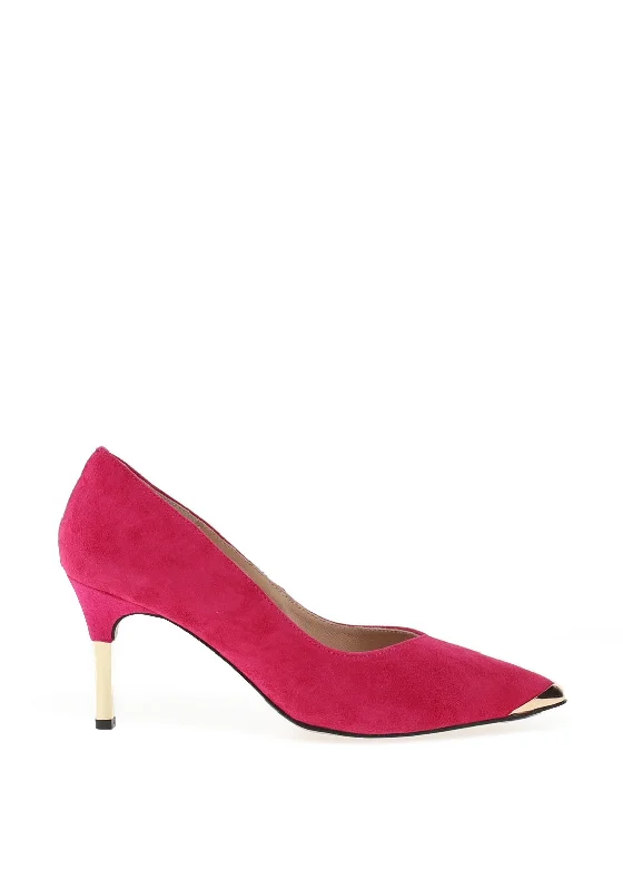 Emis Leather Gold Trim High Heeled Shoes, Fuchsia---Comfortable Leather Pumps for Office and Everyday Wear