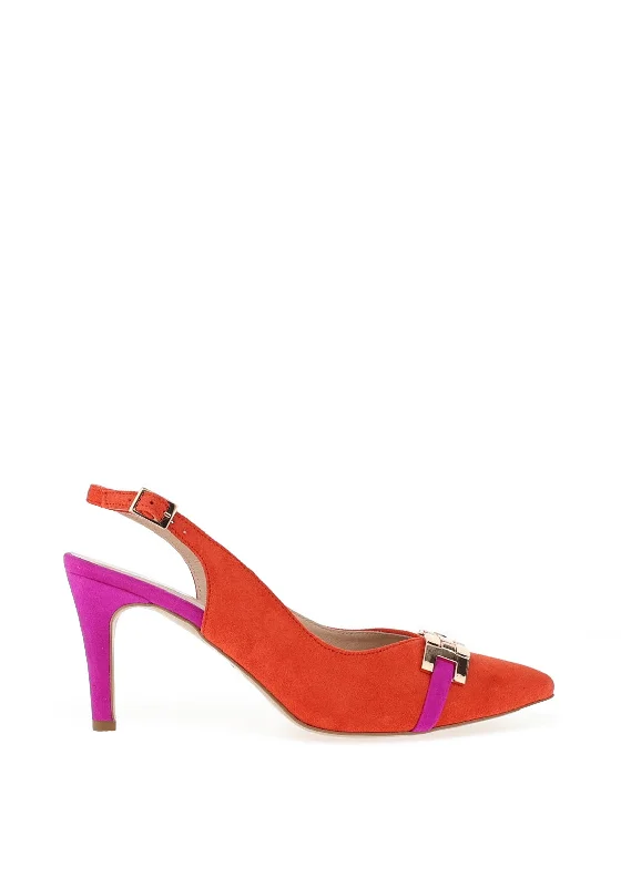 Affordable Suede Ankle Pumps for All-Day Wear--Emis Suede Leather Colour Block Heeled Shoes, Orange & Fuchsia