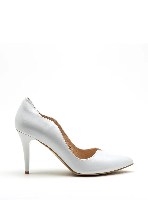 Emis Shimmer Leather Scallop Edge High Heel, White---Comfortable Leather Pumps for Office and Everyday Wear