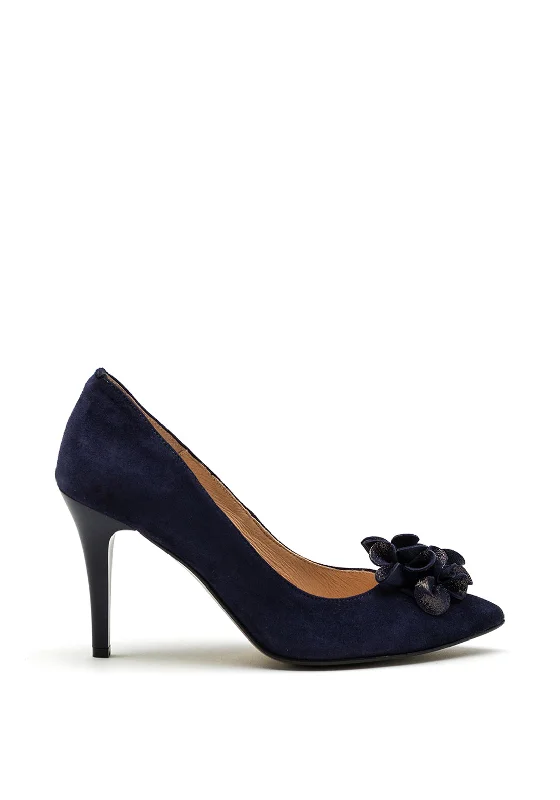 Affordable Suede Ankle Pumps for All-Day Wear--Emis Suede Fabric Flower Court Shoes, Navy