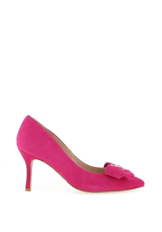 Affordable Suede Ankle Pumps for All-Day Wear--Emis Suede Leather Diamante Bow Brooch Court Shoes, Fuchsia