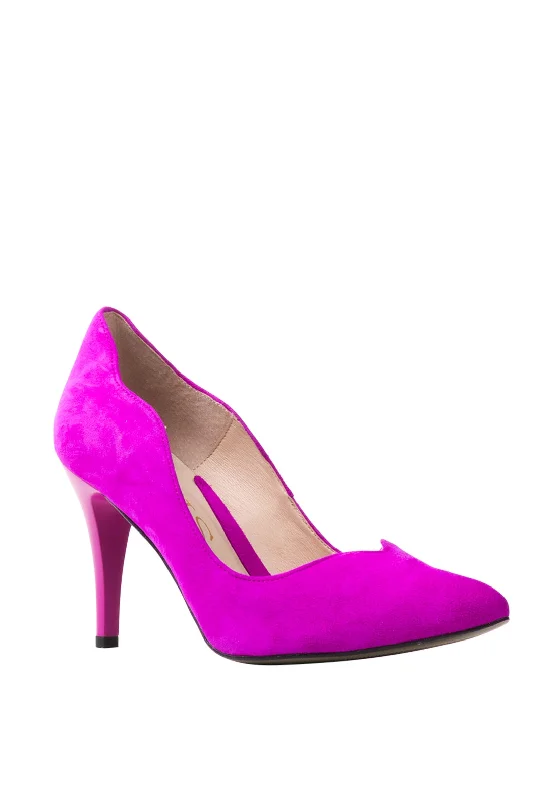 Affordable Suede Ankle Pumps for All-Day Wear--Emis Suede Scallop Edge High Heel Shoes, Fuchsia