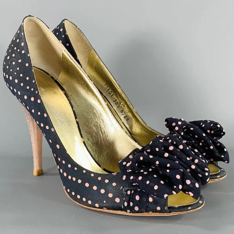 Stylish Open Toe Heels for Summer--ESCADA Size 8.5 Navy Pink Silk Polka Dot Leather Trim Open Toe Pumps