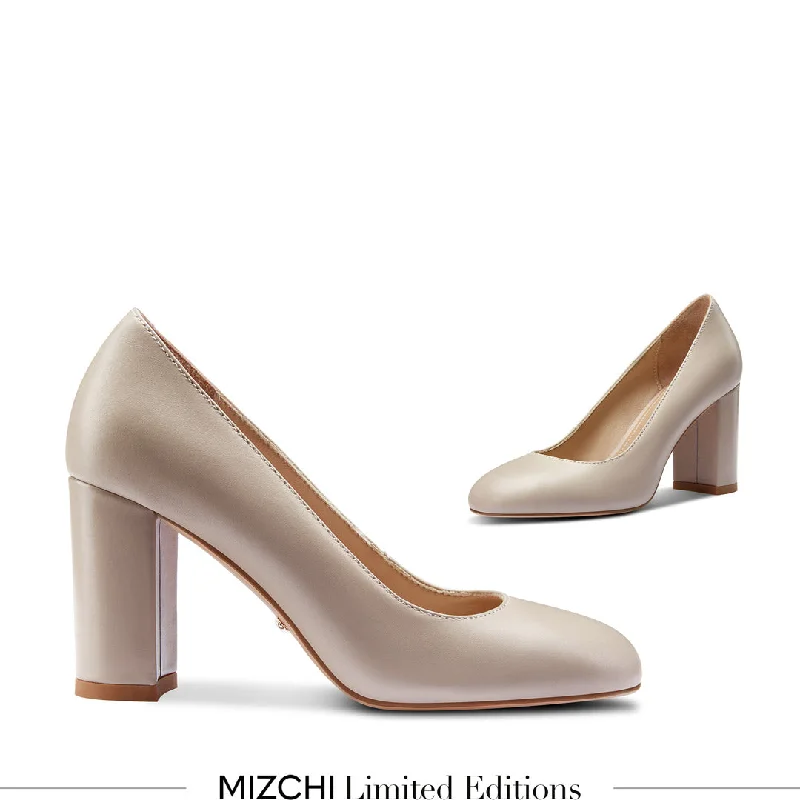 *ESHA - beige leather chunky high heel pump---Comfortable Leather Pumps for Office and Everyday Wear