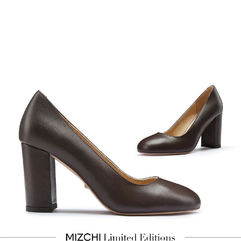 *ESHA - brown leather chunky high heel pump---Comfortable Leather Pumps for Office and Everyday Wear