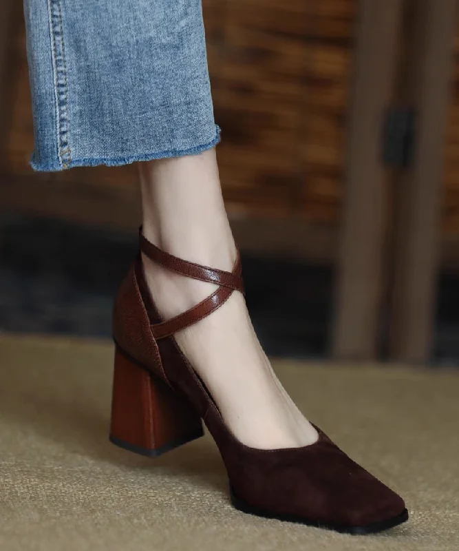 Affordable Suede Ankle Pumps for All-Day Wear--European And American Style Brown Buckle Strap Suede Chunky High Heels