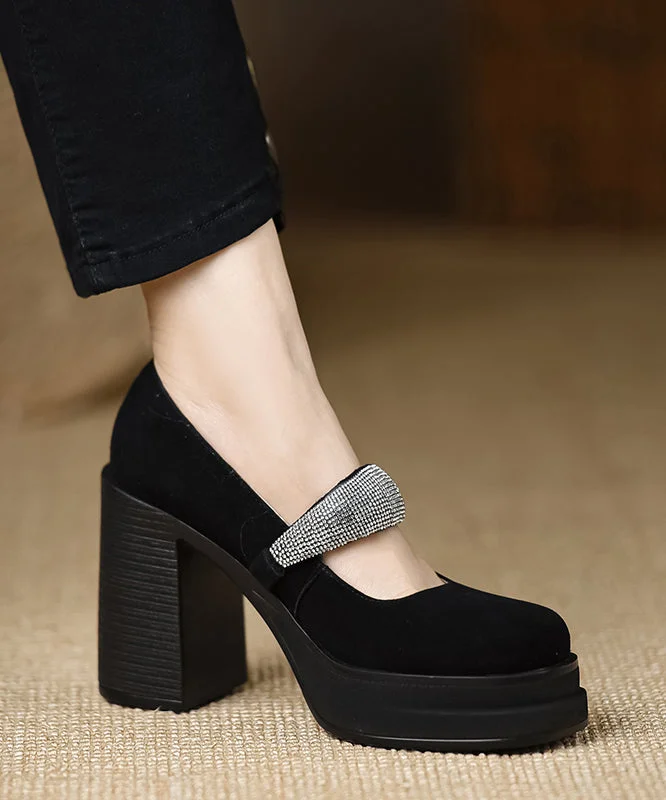 Affordable Suede Ankle Pumps for All-Day Wear--European And American Style Suede High Heels Splicing Zircon Buckle Strap