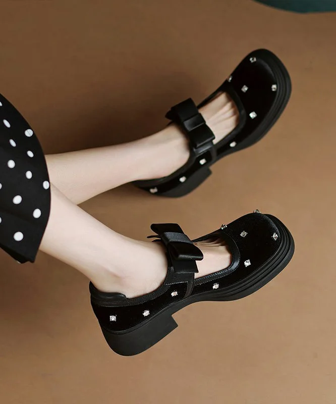 Fashion Black Bow Splicing Nail Bead Buckle Strap Chunky High Heels---Charming Bow Pumps for a Cute and Stylish Look