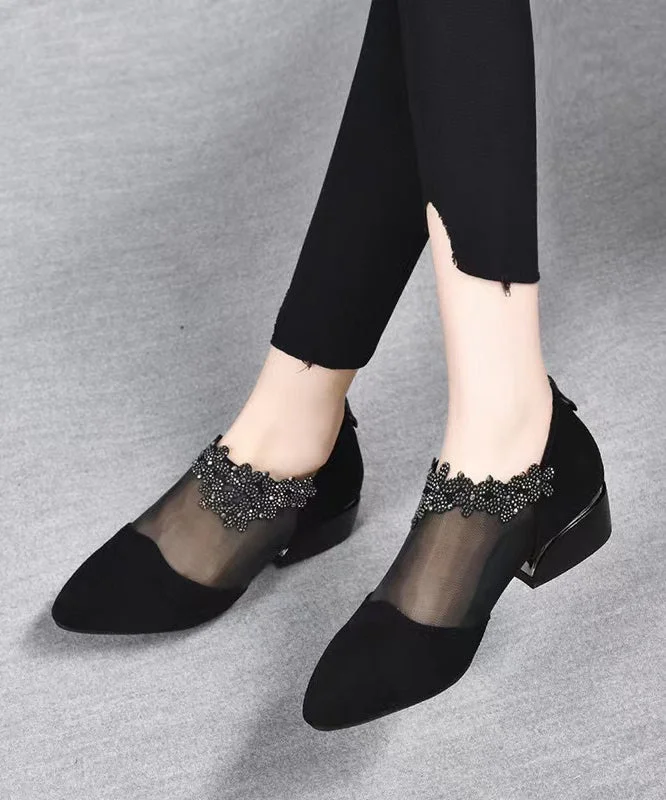 Affordable Suede Ankle Pumps for All-Day Wear--Fashion Black Suede Tulle Splicing Zircon High Heels