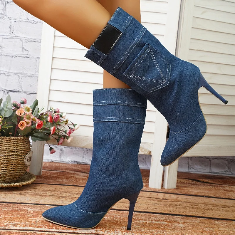 Stiletto Heel Pumps with Perfect Fit--Denim Pointed Toe Stiletto-Fashionable & Classic