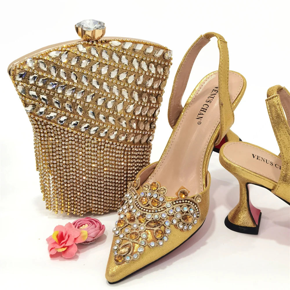 Fashion Gold Color Italian Shoes and Bag Set Decorated With Rhinestone African