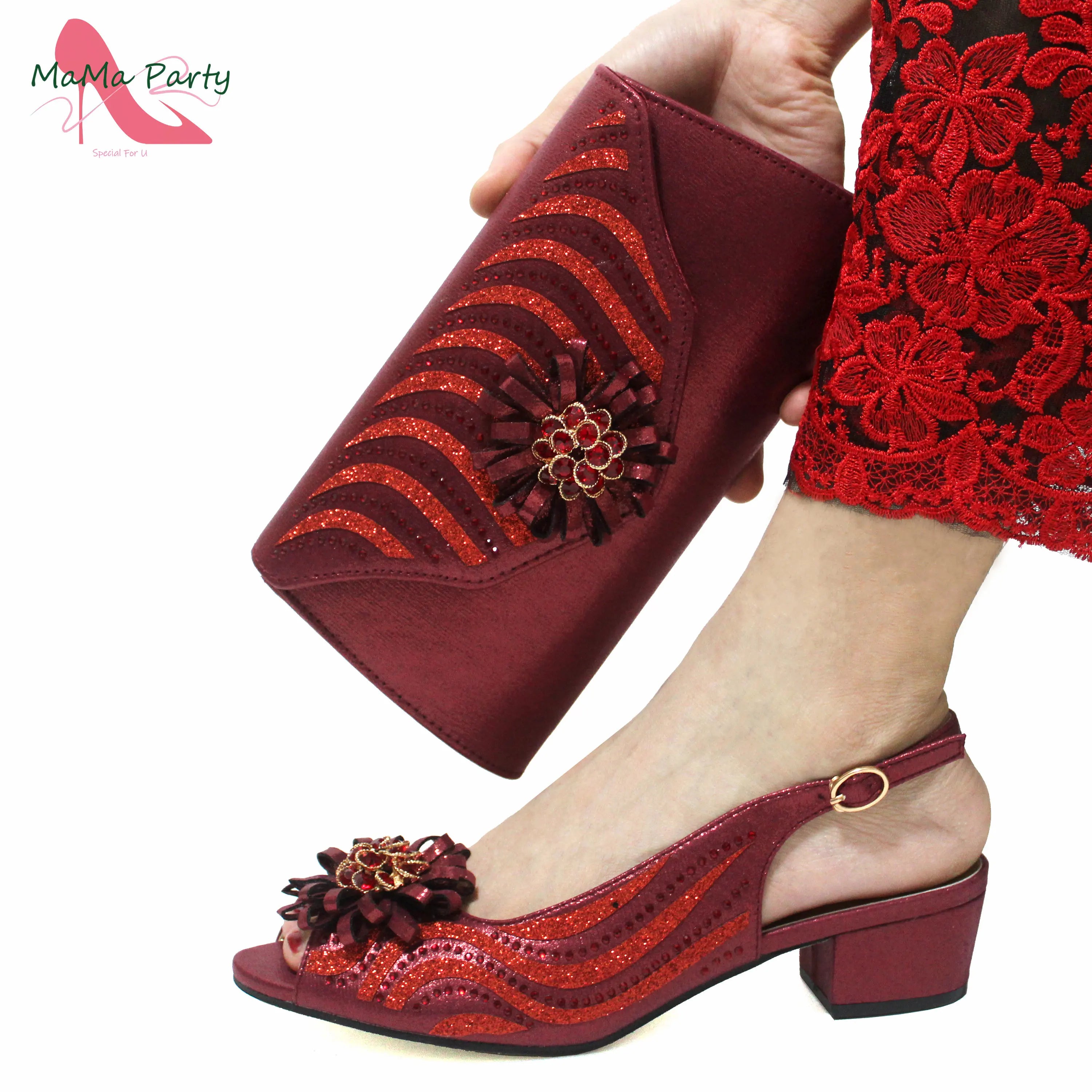 Elegant Ladies Shoes Matching Bag Set in Wine Color Slingbacks Peep Toe Low Heels