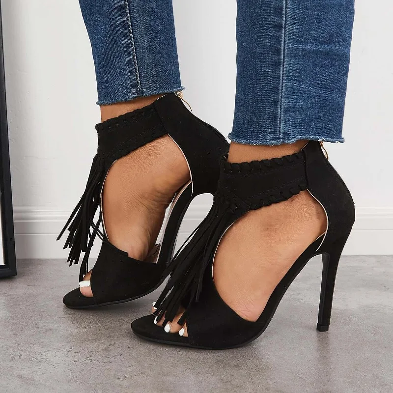 Stylish Open Toe Heels for Summer--Sohiwoo Women Fashion Open Toe Tassels Cutout Stiletto High Heels Shoes