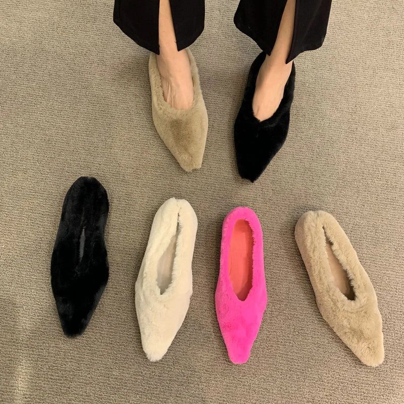 Trendy Chunky Heel Pumps for Casual Wear--Fashion Pointed Toe Fur Ballet Flat Women Winter Warm Plush Shallow Loafer