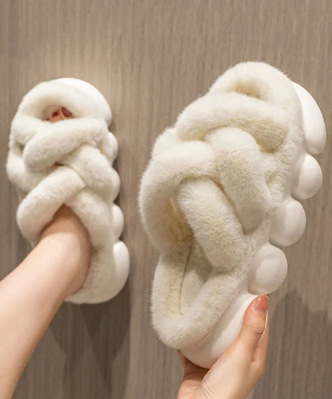 Stylish Platform Heels for Extra Height--Fashion White Fuzzy Fur Slippers Shoes Platform