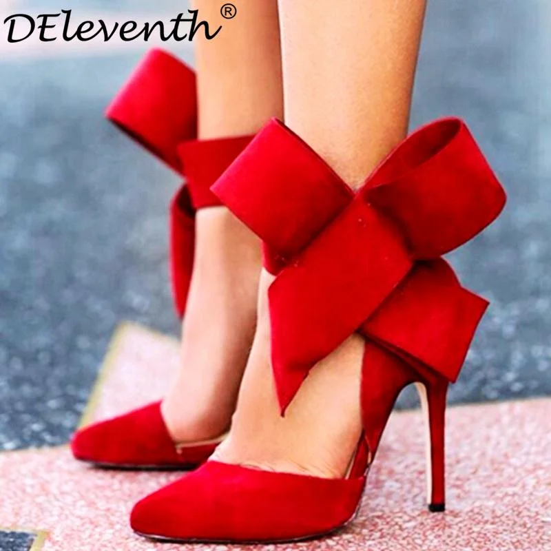 Stiletto Heel Pumps with Perfect Fit--Fashion women's shoes pointed toe big bowtie thin heels high heel Pump shoes female wedding shoes red blue green pink black-Fashionable & Classic