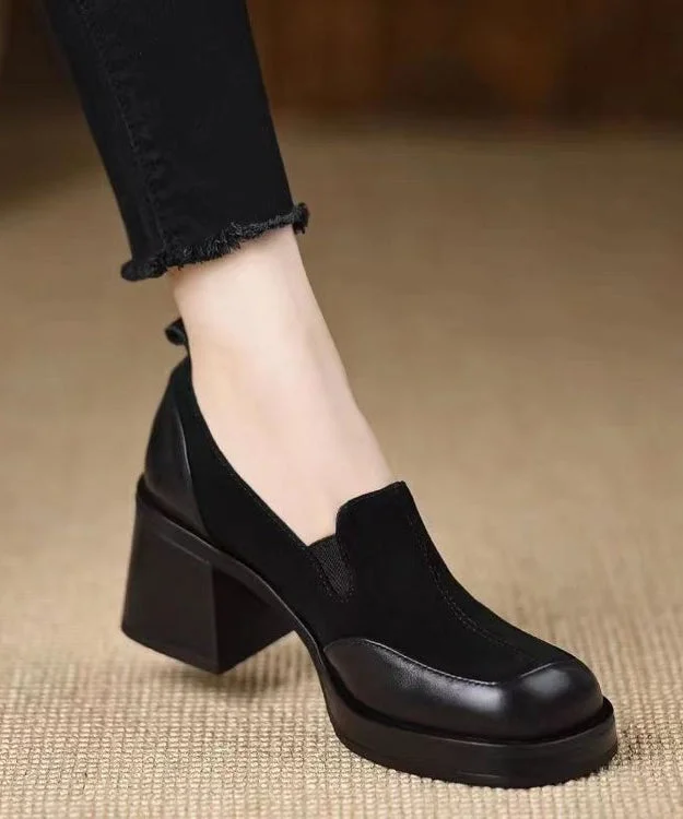 Trendy Chunky Heel Pumps for Casual Wear--Faux Leather Chunky Chic Splicing Black Loafer Shoes