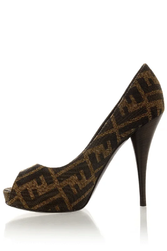 Stiletto Heel Pumps with Perfect Fit--FENDI SPUNTATA Zucca Tabacco Peep Toe-Fashionable & Classic