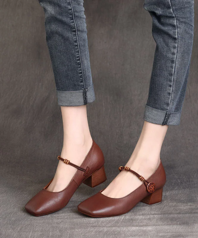 Fine Buckle Strap Splicing Chunky High Heels Brown Cowhide Leather---Comfortable Leather Pumps for Office and Everyday Wear