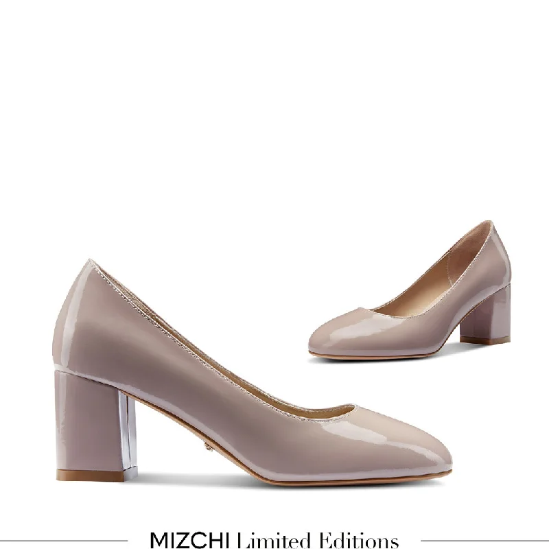 Sleek and Shiny Patent Pump Heels for a Polished Look--*FIONA - beige patent chunky heel pump