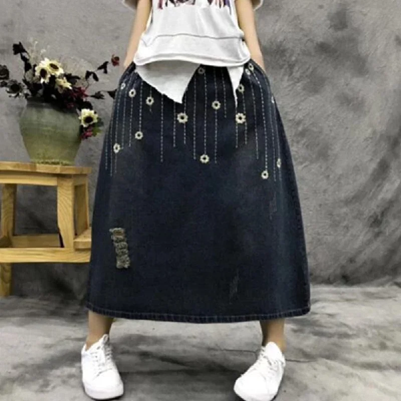 Women's high-waisted denim skirts for comfort -Floral Embroidered Distressed Denim Skirt Women's high-waisted denim skirts for comfort -Floral Embroidered Distressed Denim Skirt