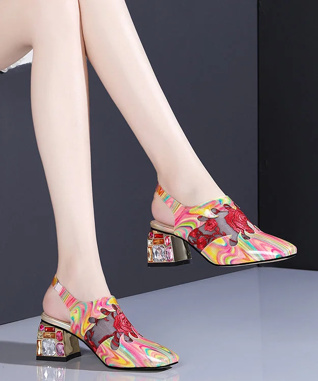 Versatile Dress Heels for Formal and Casual Wear---Floral Red Buckle Strap Breathable Mesh Splicing Chunky High Heels