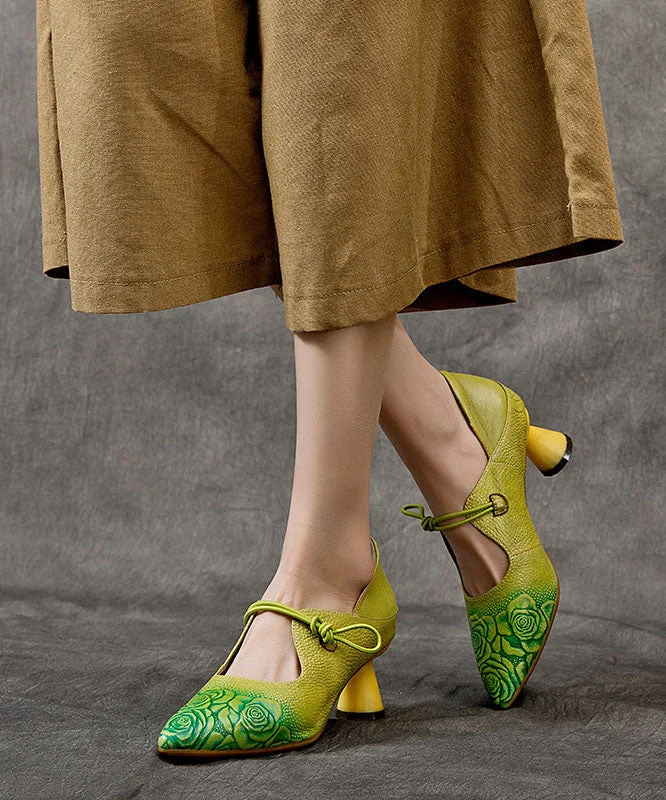 Fluorescent Green Embossed Buckle Strap Splicing Cowhide Leather Chunky High Heels---Comfortable Leather Pumps for Office and Everyday Wear