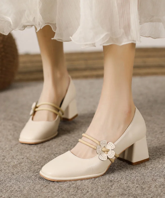 Versatile Dress Heels for Formal and Casual Wear---French Apricot One Word Buckle Floral Chunky Heel