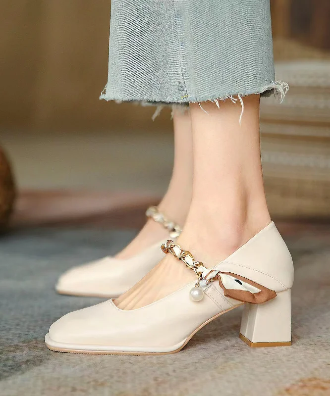 French Beige Chunky High Heels Pearl Ribbon Genuine Leather---Comfortable Leather Pumps for Office and Everyday Wear