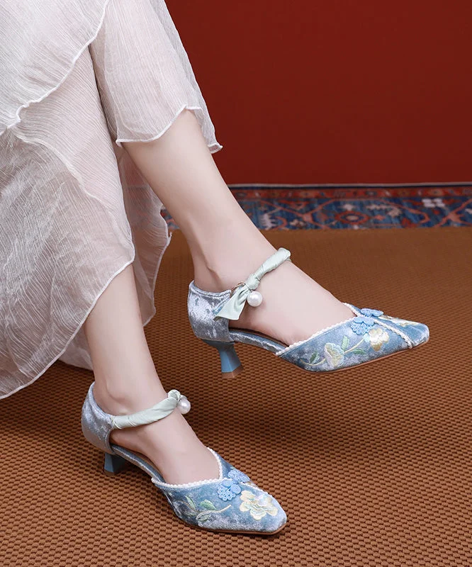 Versatile Dress Heels for Formal and Casual Wear---French Blue Embroidered Buckle Strap Silk Velour Chunky Heel