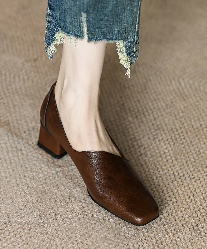 French Brown Asymmetric Splicing Chunky Heel Cowhide Leather---Comfortable Leather Pumps for Office and Everyday Wear