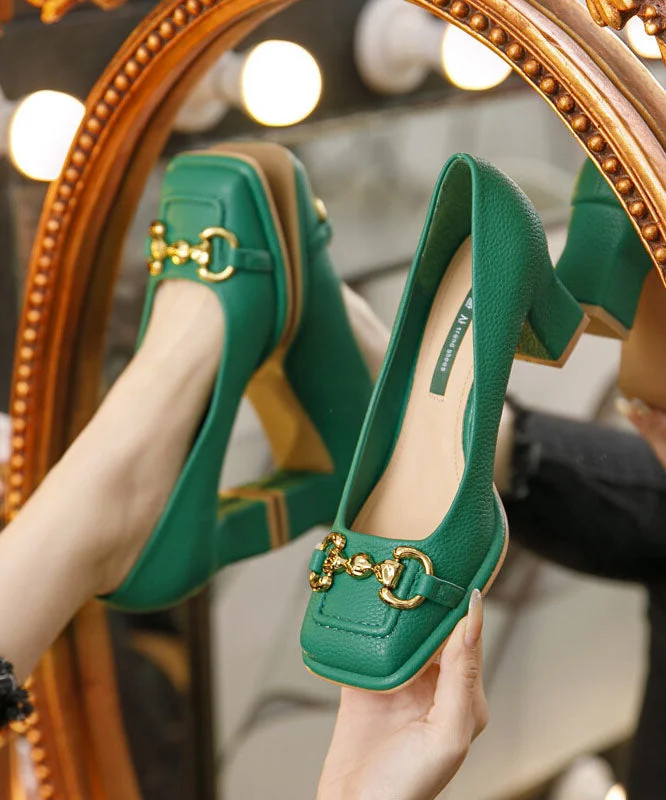 French Green Faux Leather Sequined Splicing Chunky High Heels---Comfortable Leather Pumps for Office and Everyday Wear