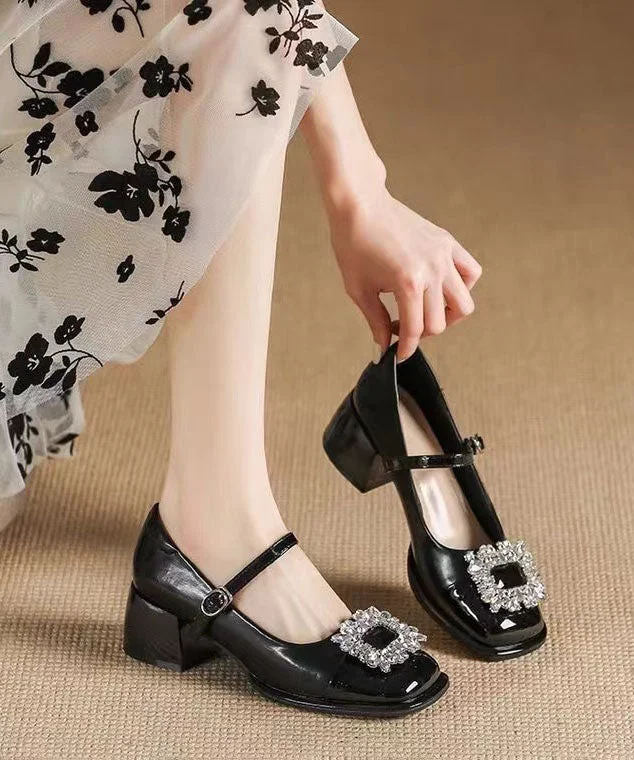 French Splicing Buckle Strap Zircon Chunky Heel Black Faux Leather---Comfortable Leather Pumps for Office and Everyday Wear