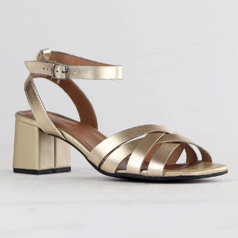 Froggie Pen Leather Crossover Strappy Block Heel - Gold---Affordable Strappy Platform Heels with Premium Quality