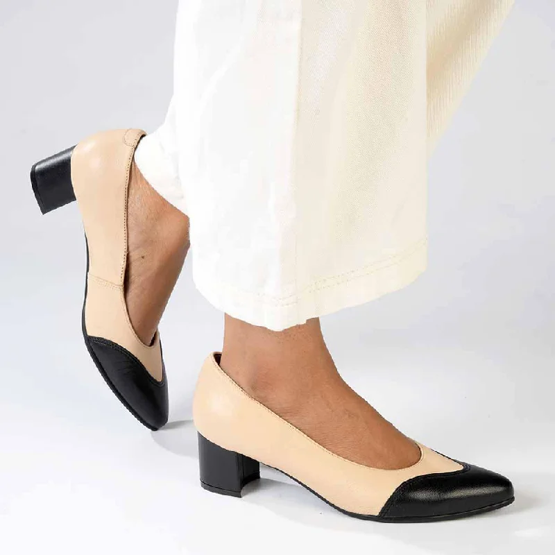 Froggie Spring Leather 2 Toned Block Court Heel - Cream / Black---Comfortable Leather Pumps for Office and Everyday Wear