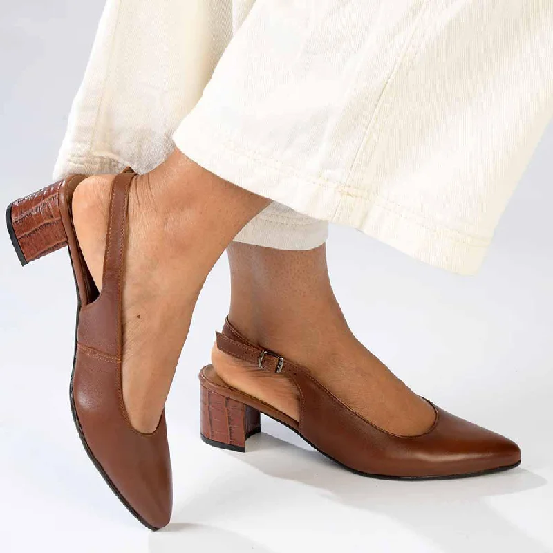 Fashionable Leather Slingback Pumps for Casual Wear--Froggie Spring Leather Slingback Heel - Chestnut