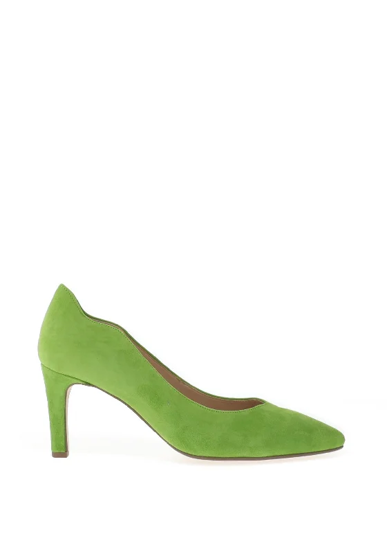 Affordable Suede Ankle Pumps for All-Day Wear--Gabor Suede Scallop Trim Pointed Court Shoes, Granny Green