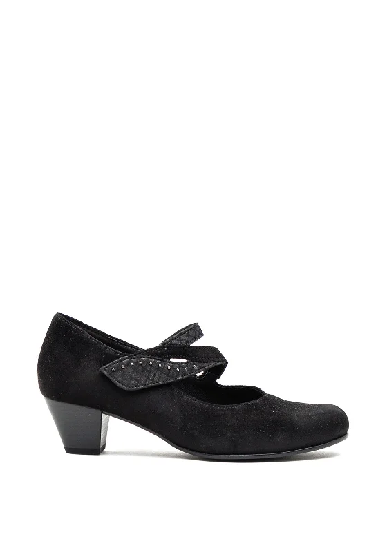 Affordable Suede Ankle Pumps for All-Day Wear--Gabor Suede Leather H Fit Block Heeled Comfort Shoes, Black