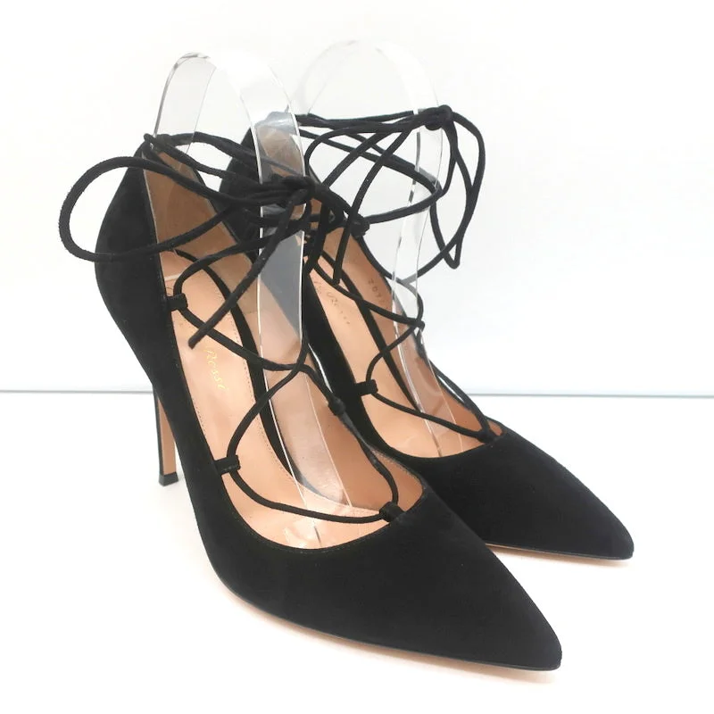 Affordable Suede Ankle Pumps for All-Day Wear--Gianvito Rossi Femi Lace-Up Pumps Black Suede Size 39 Pointed Toe Heels