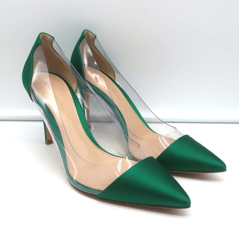 Stiletto Heel Pumps with Perfect Fit--Gianvito Rossi Plexi Pumps Green Satin & Clear PVC Size 37.5 Pointed Toe Heels-Fashionable & Classic