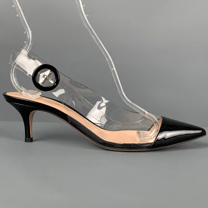 Sleek and Shiny Patent Pump Heels for a Polished Look--GIANVITO ROSSI Size 6.5 Black Clear Acetate Patent Leather Kitten Heel Pumps