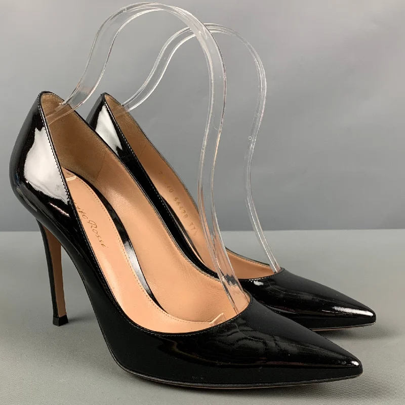 Sleek and Shiny Patent Pump Heels for a Polished Look--GIANVITO ROSSI Size 7.5 Black Patent Leather Classic Pumps