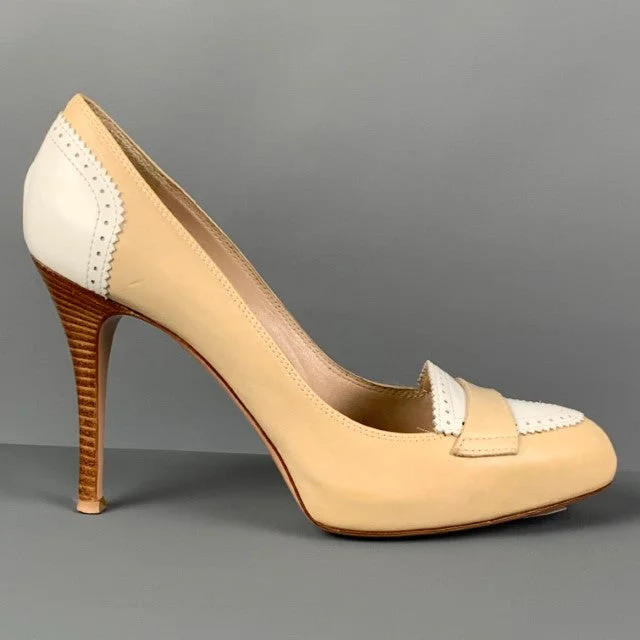 GIANVITO ROSSI Size 7 Beige Cream Leather Perforated Pumps---Comfortable Leather Pumps for Office and Everyday Wear