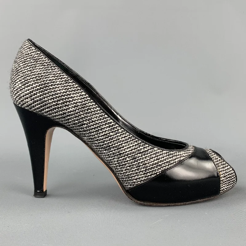 Sleek and Shiny Patent Pump Heels for a Polished Look--GIANVITO ROSSI Size 7 Grey Tweed Patent Leather Tweed Open Toe Pumps