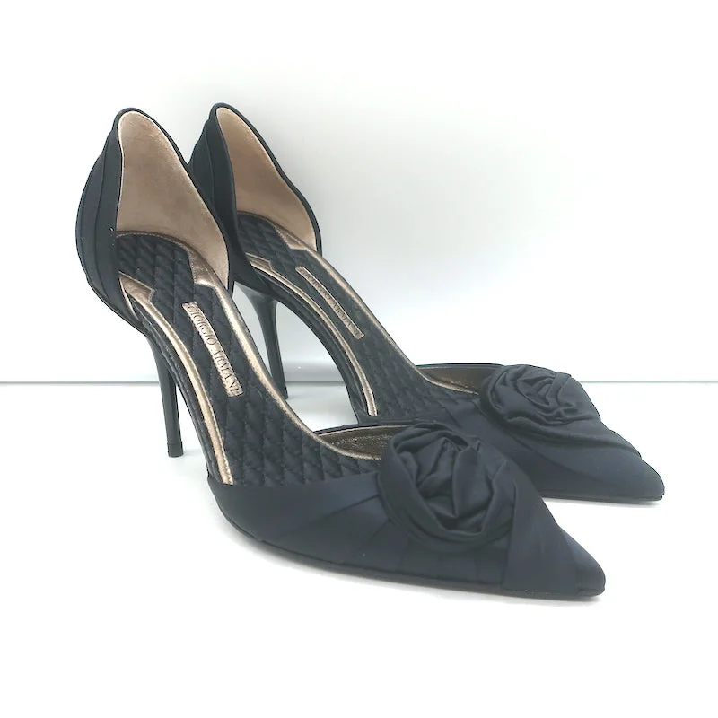 Stiletto Heel Pumps with Perfect Fit--Giorgio Armani Rosette d'Orsay Pumps Black Satin Size 37 Pointed Toe Heels NEW-Fashionable & Classic