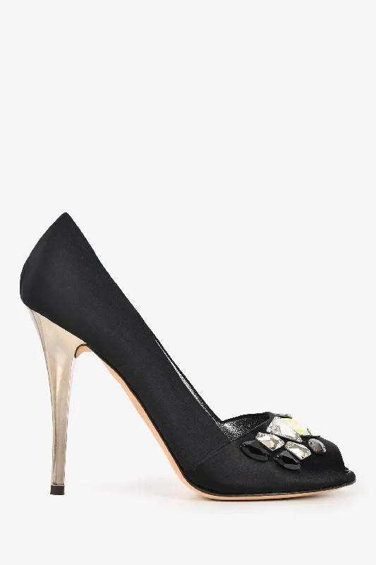 Giuseppe Zanotti Black Satin Crystal Embellished Peep Toed Heels Size 38.5Affordable Satin Heels with a Luxe Touch