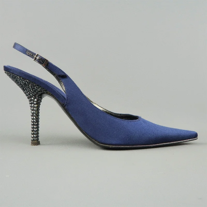 Affordable Rhinestone Pumps for a Dazzling Look---GIUSEPPE ZANOTTI Size 10 Navy Silk Rhinestone Heel Pointed Slingback Pumps