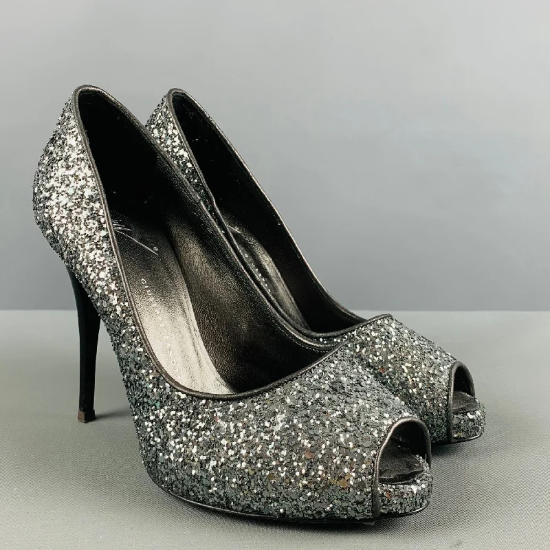 GIUSEPPE ZANOTTI Size 5.5 Silver Glitter Peep Toe Pumps---Trendy Glitter Heels for a Glamorous Look