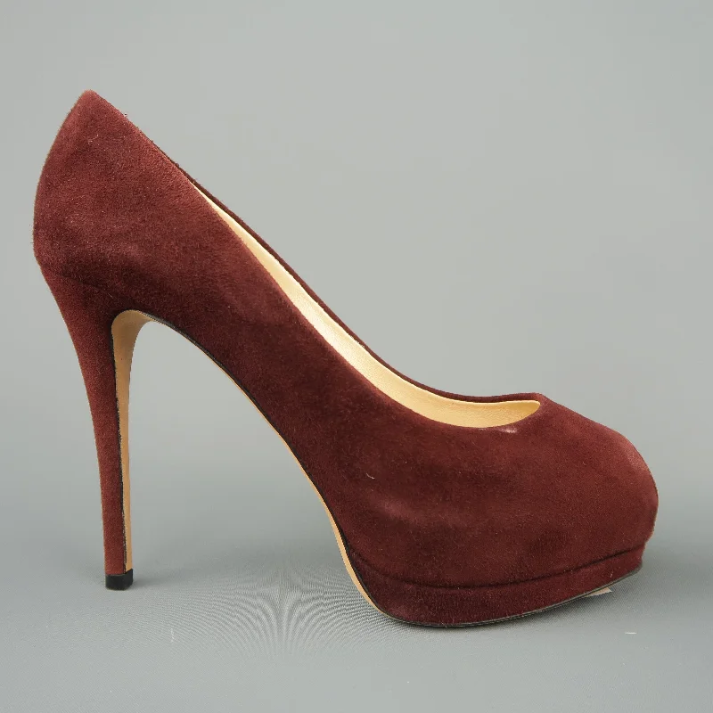 Trendy Peep Toe Platform Heels Crafted from Genuine Leather--GIUSEPPE ZANOTTI Size 6.5 Burgundy Suede Peep Toe Platform SHARON Pumps