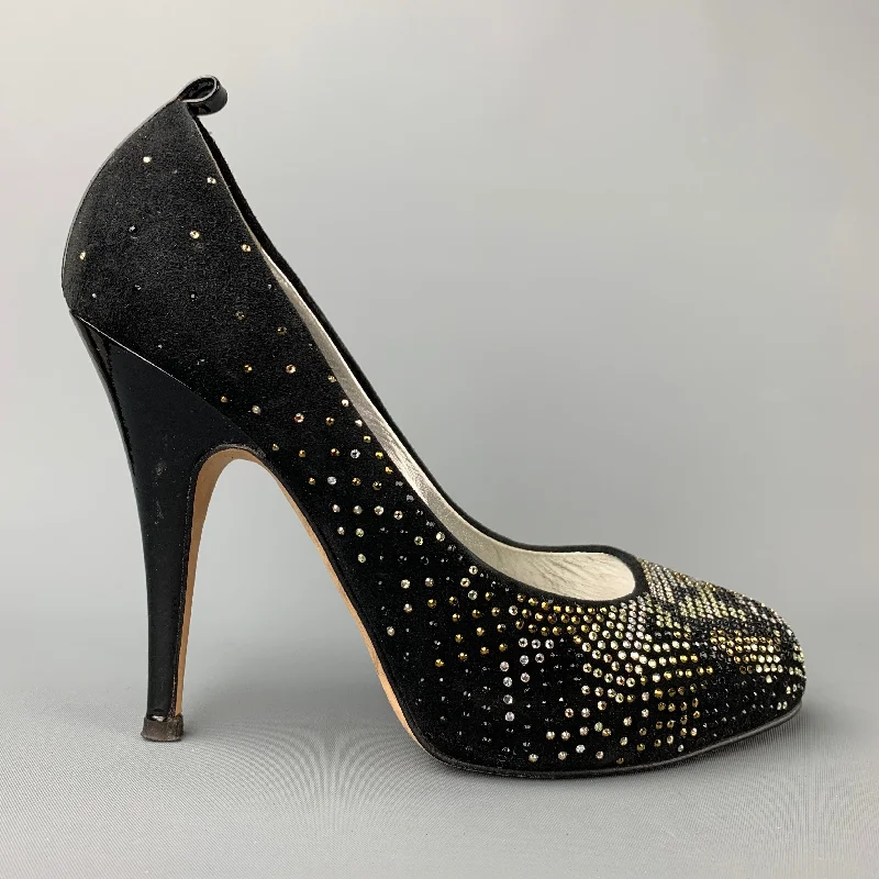 Affordable Suede Ankle Pumps for All-Day Wear--GIUSEPPE ZANOTTI Size 6 Black & Silver Crystal Suede Pumps